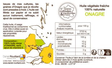 Huile fraiche d'Onagre, production française - Flacon de 50 ml - etiquette