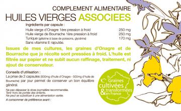 Huiles vierges d'Onagre et de Bourrache associées, production française - Flacon de 200 capsules - Etiquette verso