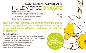 Huile d'Onagre, production française - Flacon de 200 capsules - Etiquette Verso