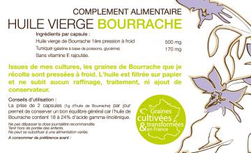 Huile vierge de Bourrache, production française - flacon de 60 capsules etiquette verso