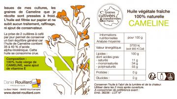 Huile fraiche de Cameline, production française - Flacon de 100 ml etiquette